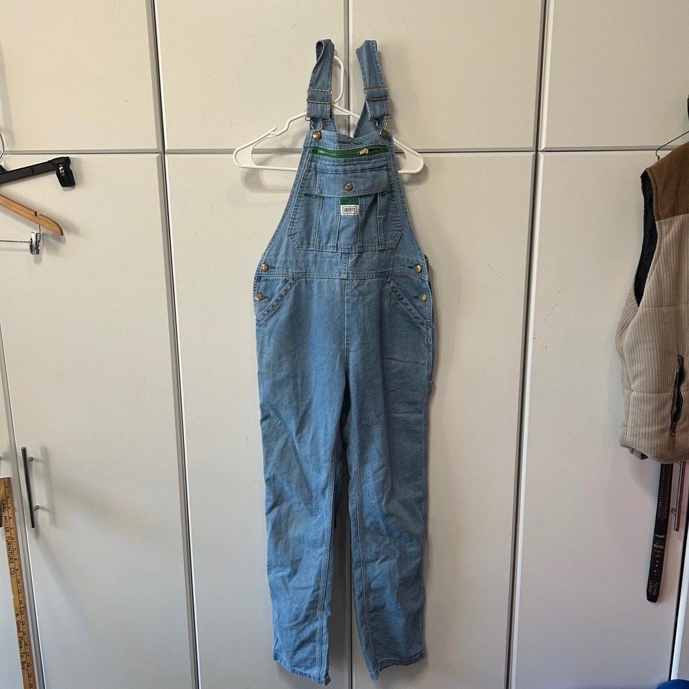 Liberty Denim Overalls Light Wash Green Zipper Bib Workwear Straight Leg B655